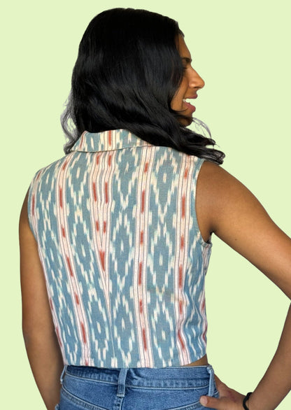 Denim Blue Wildflower - Striped Ikat Jacket Style Crop Top