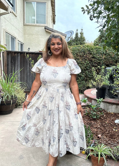 Earthy Bloom - Brown Leaf and Diamond Handblock Tiered Dress