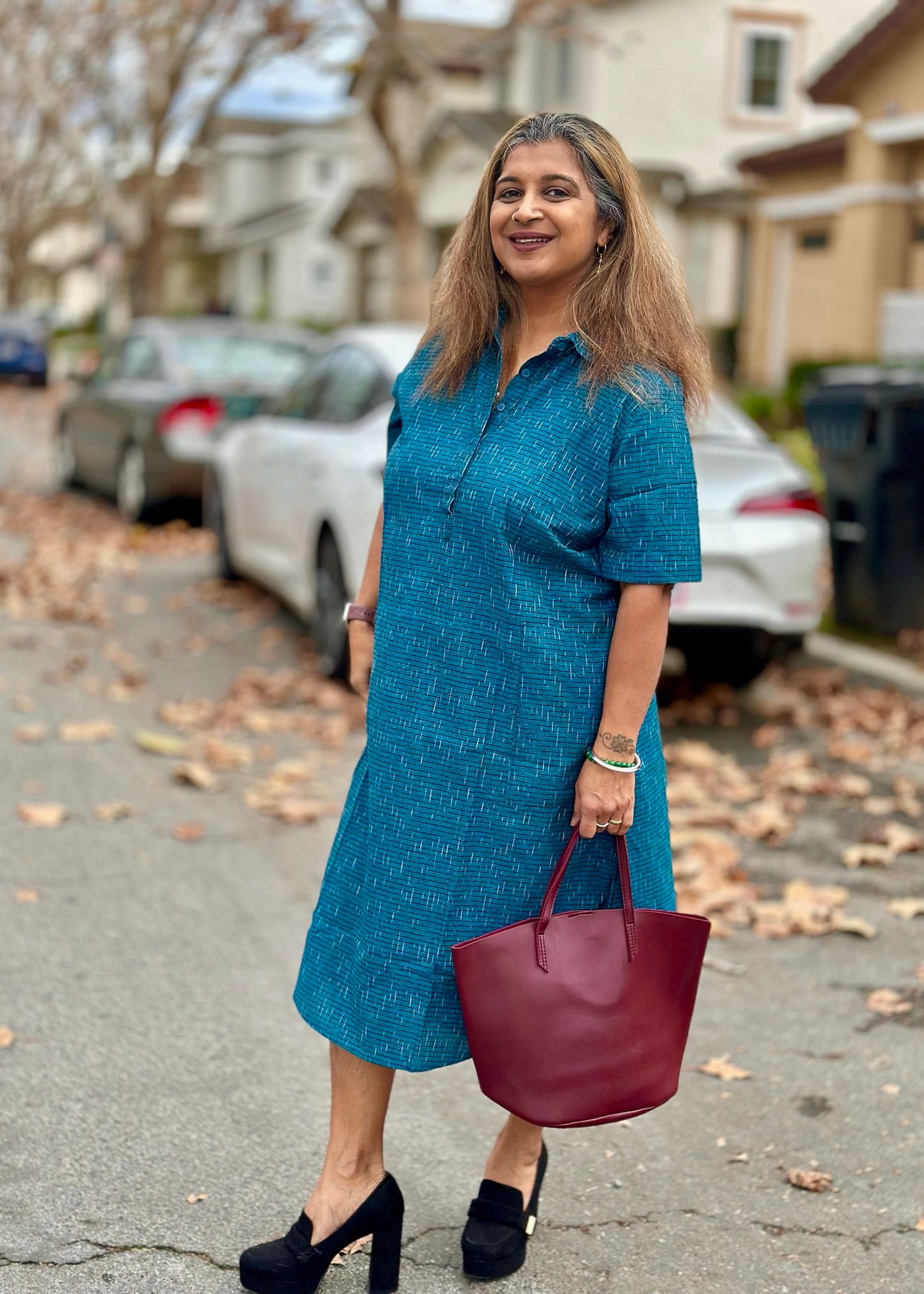 Indigo Breeze - Blue Ikat Cotton Long Shirt Dress