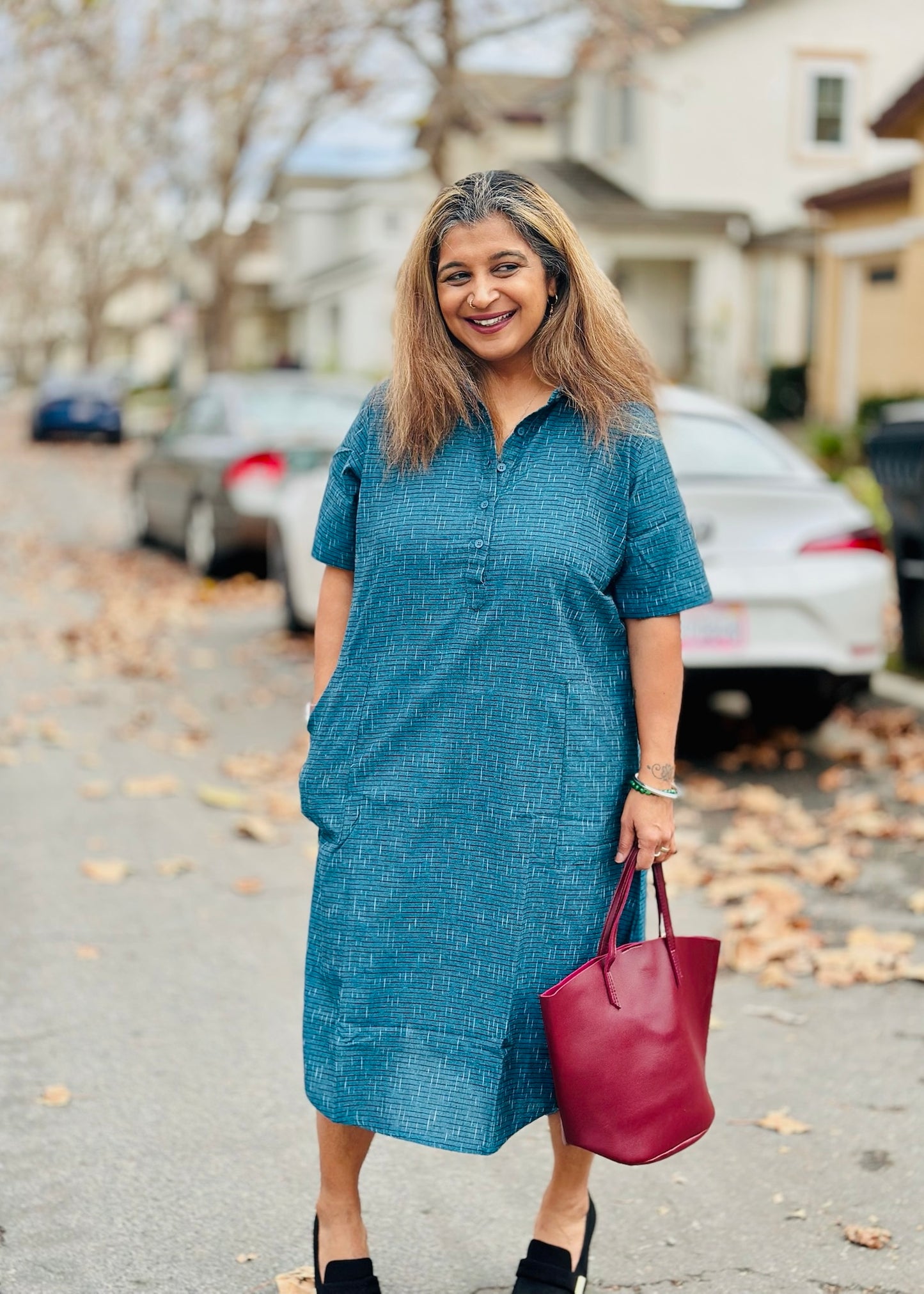 Indigo Breeze - Blue Ikat Cotton Long Shirt Dress