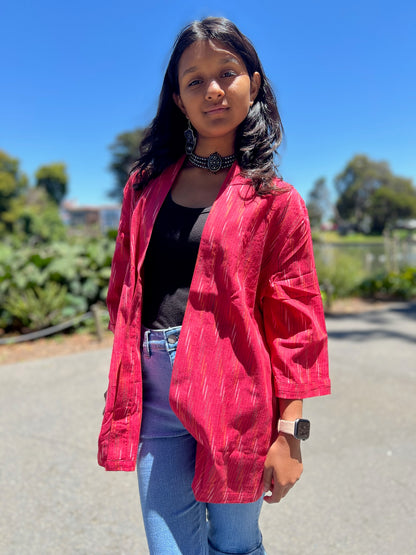 Cherry Spice - Women's Red Ikat Shirt Shrug